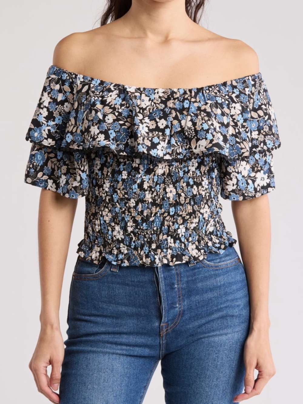 NWOT by design Off-Shoulder Floral Smocked Top - Black & Blue size L or M